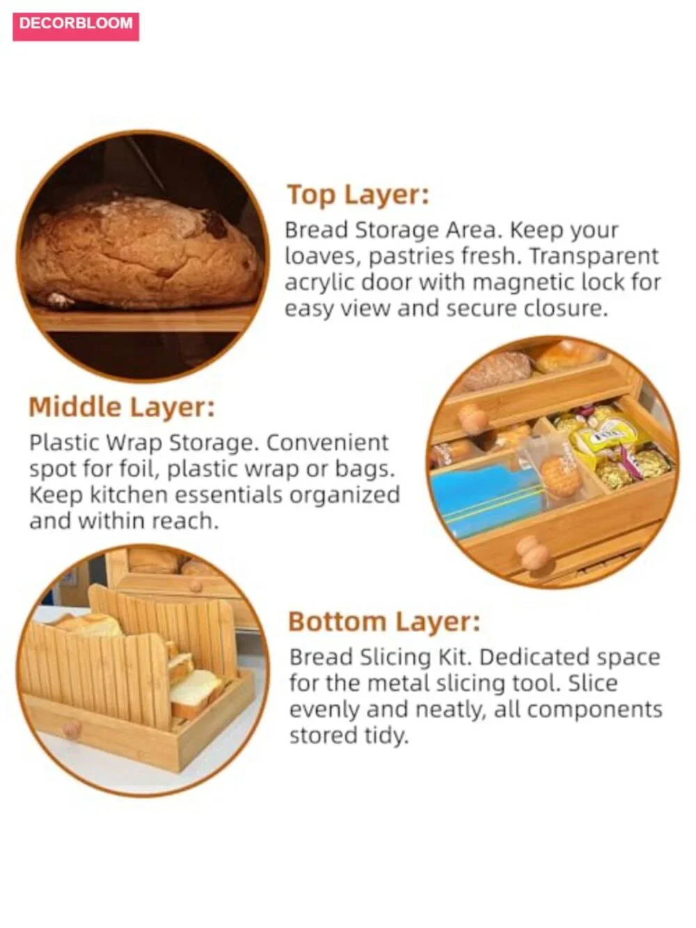 Bamboo Bread Box with Slicer and Display Window for Kitchen Countertop